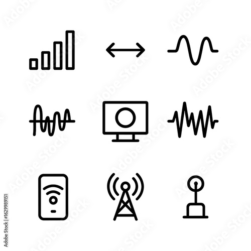 Communication Spectrum Icons. Outline icon set of spectrum in communication: signal strength, bandwidth, frequency modulation,