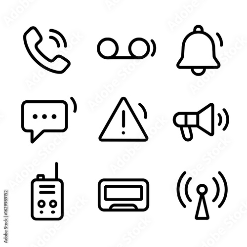 Communication Sound Icons. Outline icon set of communication sounds: ringing phone, voicemail, notification bell, chat bubble