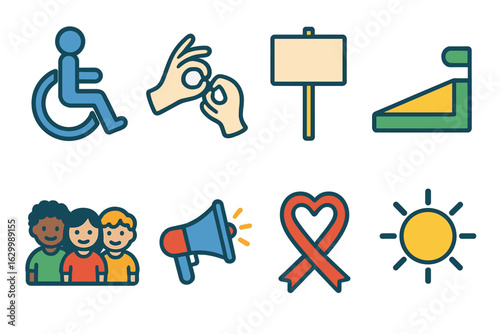 Disability Rights Icons. Flat vector mini-illustrations disability rights awareness in colors children's illustrations: wheelchair