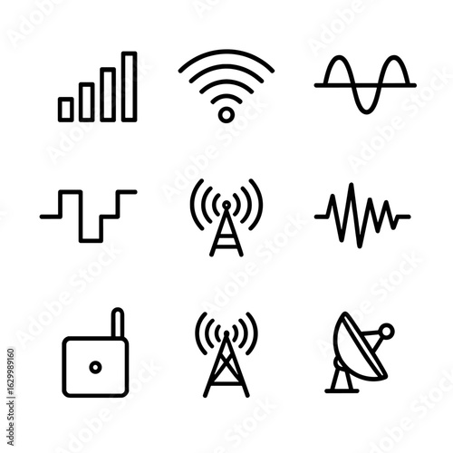 Communication Spectrum Icons. Outline icon set of spectrum in communication: signal strength, bandwidth, frequency modulation,
