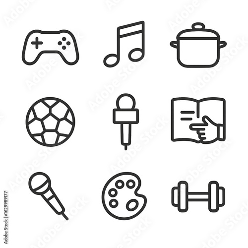 Live Stream Icons. Outline icon set of live stream content types: gaming controller, music note, cooking pot, sports ball, news