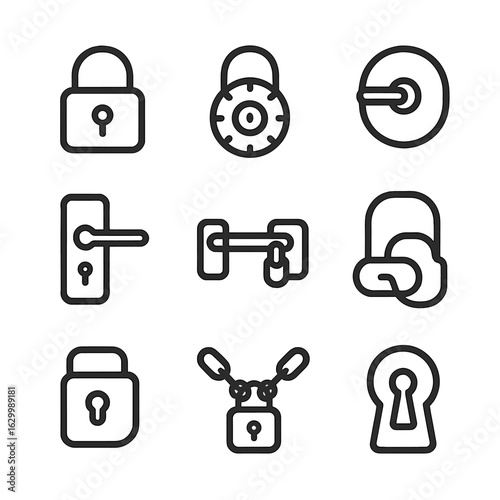 Lock Icon Set. Outline icon set of physical locks: padlock, combination lock, deadbolt, door lock, locker latch, bike lock,