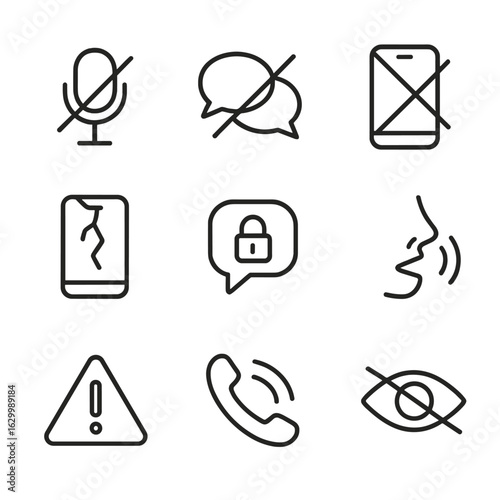 Communication Taboo Icons. Outline icon set of taboos in communication: muted microphone, crossed speech bubbles, no texting,
