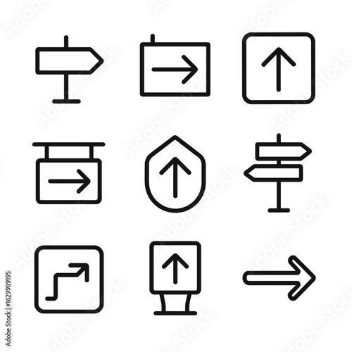 Directional Wayfinding Icons. Outline icon set of directional wayfinding signage: arrow pointer sign, aisle direction plate, floor