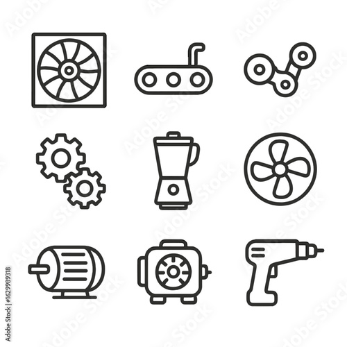 Machinery Icon Set. Outline icon set of rotating machinery: turbine, conveyor belt, crankshaft, gear system, blender, fan blades,