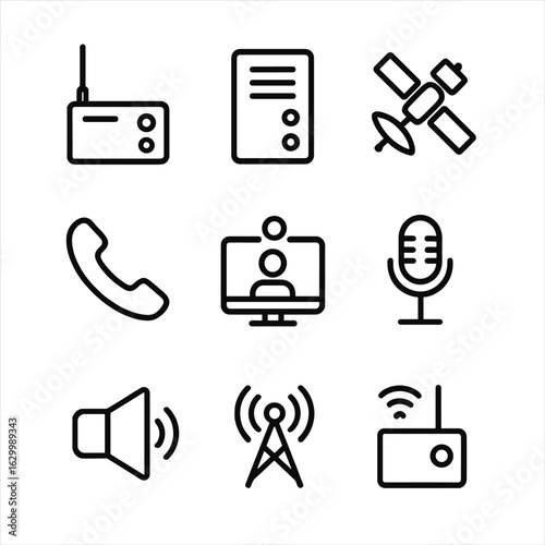 Communication Tools Icons. Outline icon set of control center communication tools: radio transmitter, intercom, satellite link,