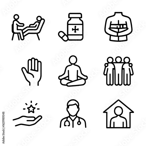 Madness Remedies Icons. Outline icon set of madness remedies: therapy, medicine, restraint, calm hand, meditation, support group,