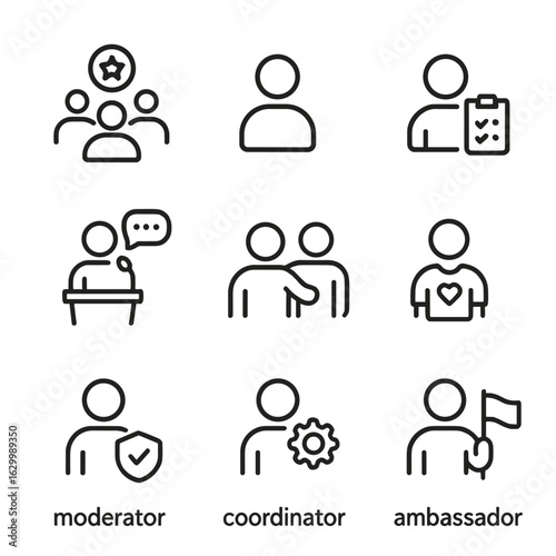 Community Role Icons. Outline icon set of community roles: leader, member, organizer, speaker, mentor, volunteer, moderator,