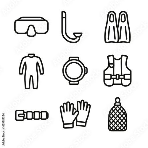 Diving Gear Icons. Outline icon set of snorkeling and diving gear: dive mask, snorkel tube, swim fins, wetsuit, dive computer,