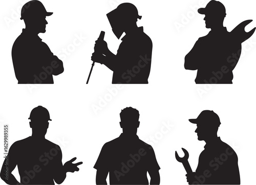 Skilled workers in silhouette, ready for action and industry projects