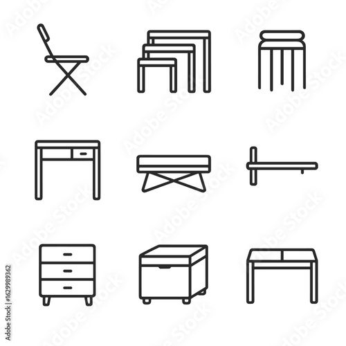Compact Furniture Icons. Outline icon set of compact furniture: folding chair, nesting table, stackable stool, compact desk,