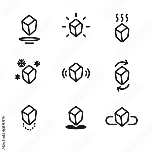 Magic Stone Icons. Outline icon set of magic stone properties: levitation, glowing light, heat emission, frost aura, pulse