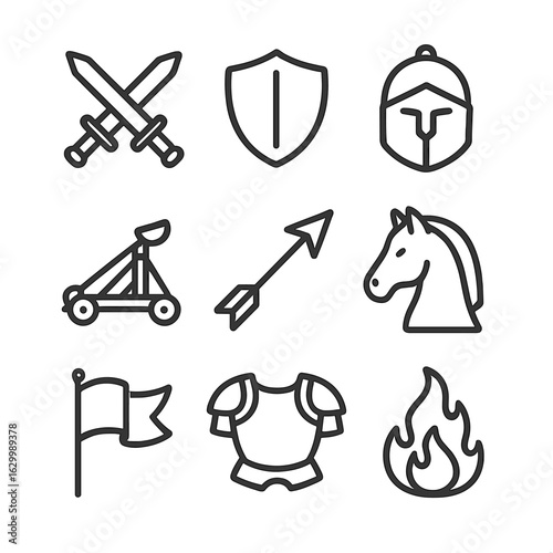 Lost Kingdom Icons. Outline icon set of lost kingdom battles: crossed swords, shield, helmet, catapult, arrow, war horse, battle