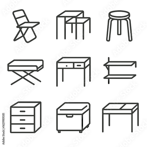 Compact Furniture Icons. Outline icon set of compact furniture: folding chair, nesting table, stackable stool, compact desk,
