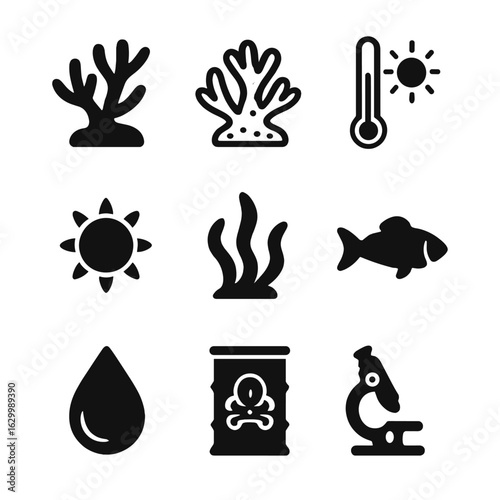 Coral Bleaching Icons. Solid, filled icon set of coral reef bleaching: coral, bleached coral, thermometer, sun, algae, fish, water