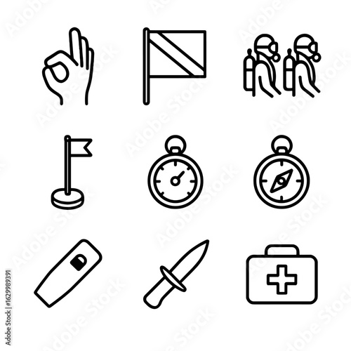 Dive Safety Icons. Outline icon set of dive safety and signals: OK hand signal, dive flag, buddy pair silhouettes, surface marker