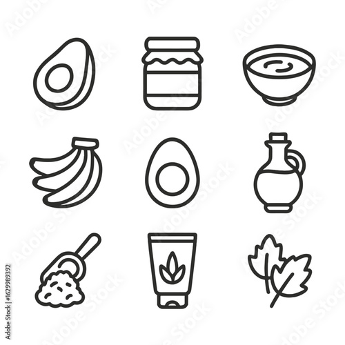 DIY Hair Mask Icons. Outline icon set of DIY hair masks and treatments: avocado half, honey jar, yogurt bowl, banana bunch, egg
