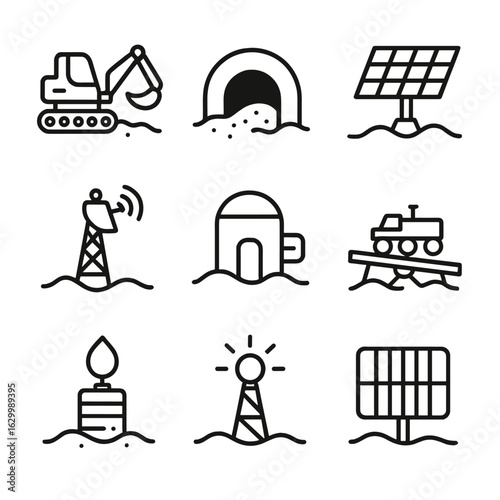 Lunar Colony Icons. Outline icon set of lunar colony infrastructure: regolith excavator, lava tube entrance, solar farm,