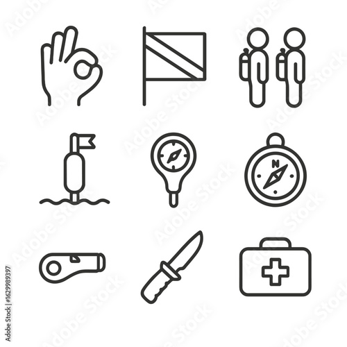 Dive Safety Icons. Outline icon set of dive safety and signals: OK hand signal, dive flag, buddy pair silhouettes, surface marker