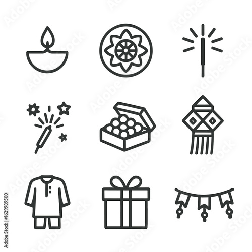 Diwali Celebration Icons. Outline icon set of Diwali children’s celebrations: diya lamp, rangoli design, sparkler stick,
