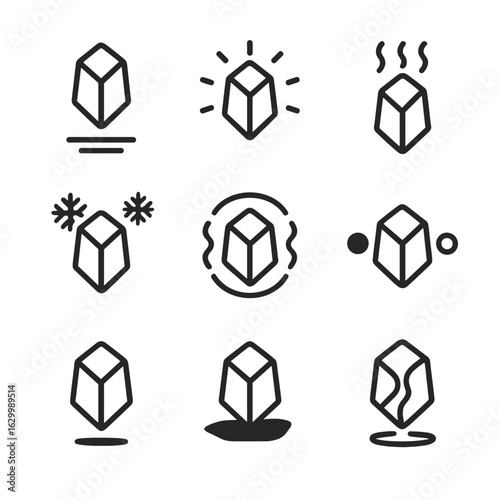 Magic Stone Icons. Outline icon set of magic stone properties: levitation, glowing light, heat emission, frost aura, pulse