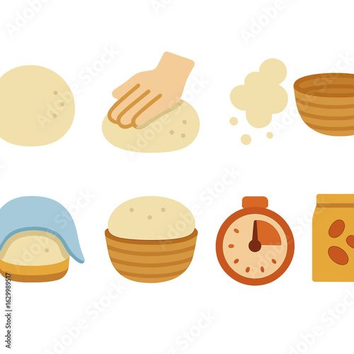 Dough Kneading Icons. Flat vector mini-illustrations dough kneading and proofing in colors children's illustrations: dough ball,
