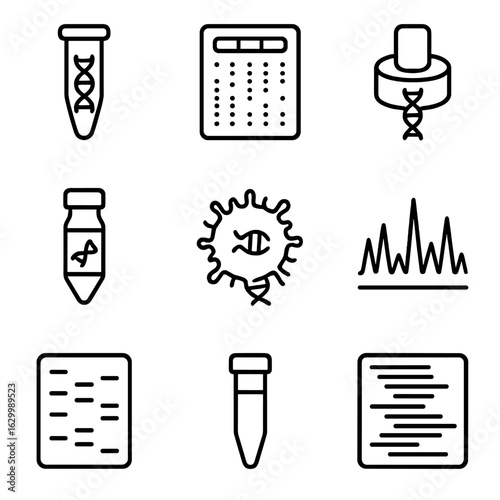 DNA Sequencing Icons. Outline icon set of DNA sequencing methods: Sanger sequencing capillary tube, Illumina flow cell, nanopore