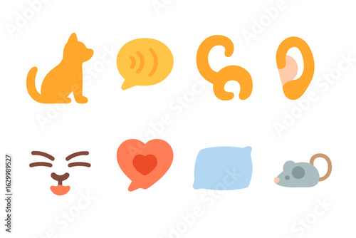 Dog and Cat Icons. Flat vector mini-illustrations dog barking and body cues in colors children's illustrations: dog silhouette,