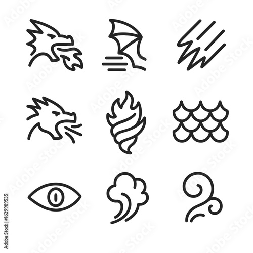 Dragon Attack Icons. Outline icon set of dragon attack moves: fire breath blast, wing flap gust, tail swipe arc, claw slash mark,