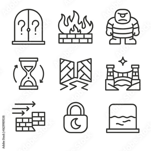 Magical Trials Icons. Outline icon set of magical trials: riddle door, flame pit, stone guardian, time challenge, mirror maze,