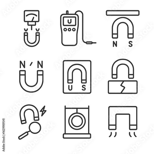 Magnet Testing Icons. Outline icon set of magnet testing: magnetic pull tester, flux density meter, alignment test tool, north