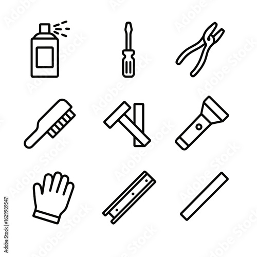 Drawer Repair Essentials. Outline icon set of opening a jammed drawer: lubricant spray can, screwdriver, pliers, cleaning brush,