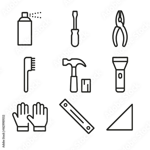 Drawer Repair Essentials. Outline icon set of opening a jammed drawer: lubricant spray can, screwdriver, pliers, cleaning brush,