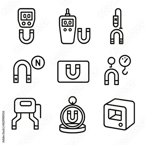 Magnet Testing Icons. Outline icon set of magnet testing: magnetic pull tester, flux density meter, alignment test tool, north