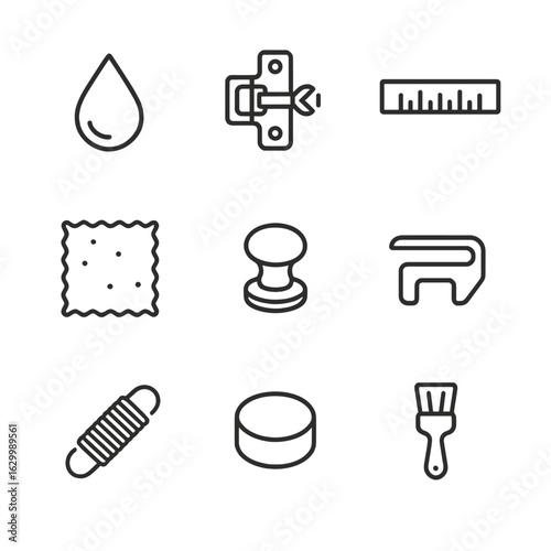 Drawer Tool Icons. Outline icon set of drawer maintenance tools: oil drop, hinge adjustment screw, alignment ruler, cleaning cloth