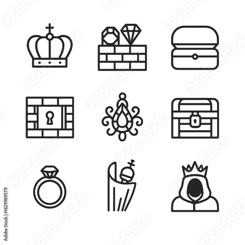 Concealed Royal Icons. Outline icon set of concealed regalia: royal crown, hidden gems, velvet case, secret compartment, ornate