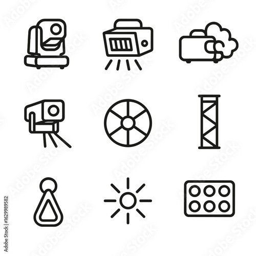 Concert Lighting Icons. Outline icon set of concert lighting: moving head, strobe light, fog machine, laser beam, color wheel,