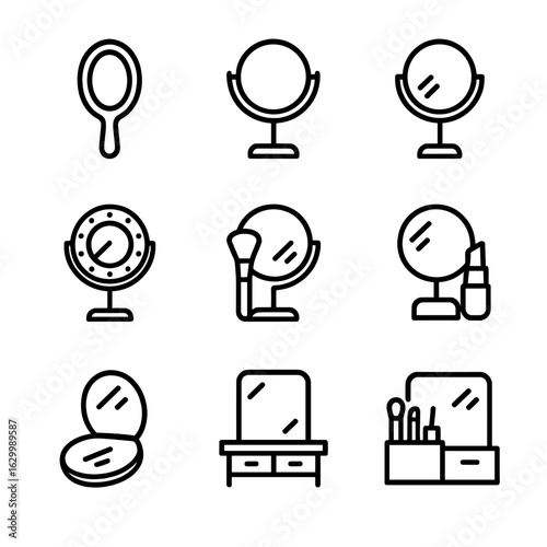Makeup Mirror Icons. Outline icon set of makeup mirrors: handheld mirror, vanity mirror, magnifying mirror, LED light mirror,