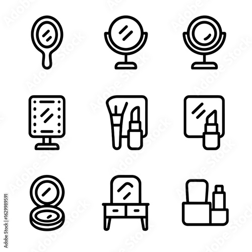Makeup Mirror Icons. Outline icon set of makeup mirrors: handheld mirror, vanity mirror, magnifying mirror, LED light mirror,
