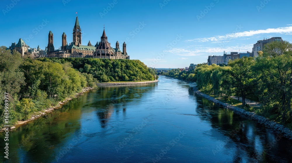 Naklejka premium Grand architectural complex with a clock tower overlooking a serene river under a clear, blue sky