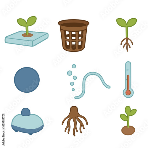 DWC Hydroponics Icons. Flat vector mini-illustrations deep water culture (DWC) setups in colors children's illustrations: floating