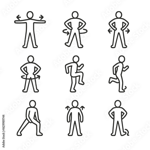 Dynamic Warm-Up Icons. Outline icon set of dynamic warm-up exercises: arm circles, leg swings, hip rotations, torso twists, high