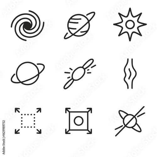 Cosmic Phenomena Icons. Outline icon set of cosmic phenomena affecting space-time: black hole, neutron star, supernova,