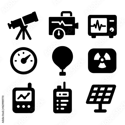Cosmodrome Icons Set. Solid, filled icon set of Cosmodrome scientific instruments: telescope, spectrometer, seismograph, barometer