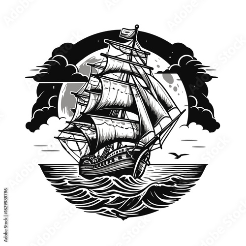 Vintage pirate sailing ship on the ocean at night. Nautical vector logo illustration.