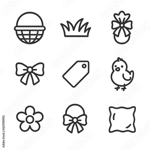 Easter Preparation Icons. Outline icon set of Easter basket preparations: wicker basket, green paper grass, wrapped chocolate egg,