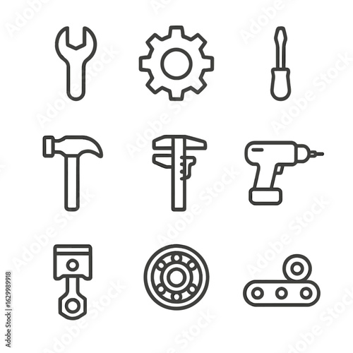 Mechanical Tools Icons. Outline icon set of mechanical engineering tools: wrench, gear, screwdriver, hammer, caliper, drill,