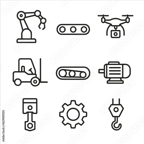 Mechanical Mobility Icons. Outline icon set of mechanical mobility: robot arm, conveyor belt, drone, forklift, tank tread,