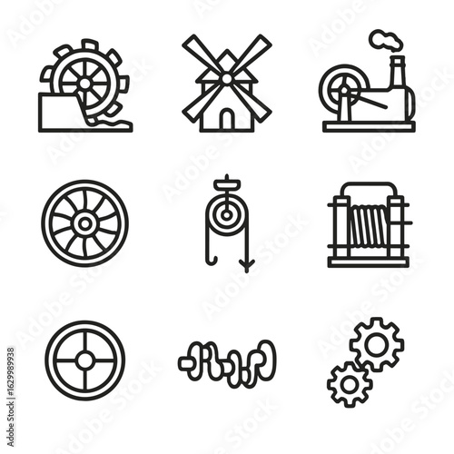 Mechanical Power Icons. Outline icon set of mechanical power sources: water wheel, windmill, steam engine, turbine rotor, pulley