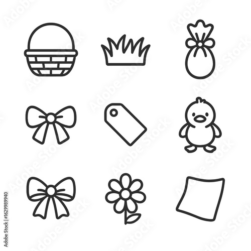 Easter Preparation Icons. Outline icon set of Easter basket preparations: wicker basket, green paper grass, wrapped chocolate egg,